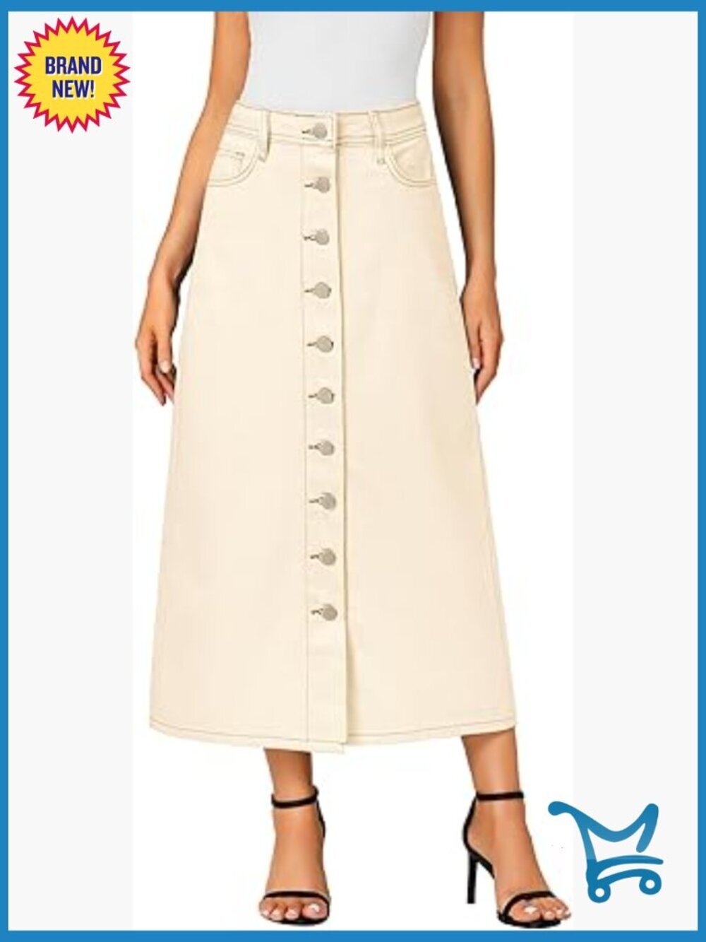High Waisted A-Line Denim Midi Skirt with Pockets